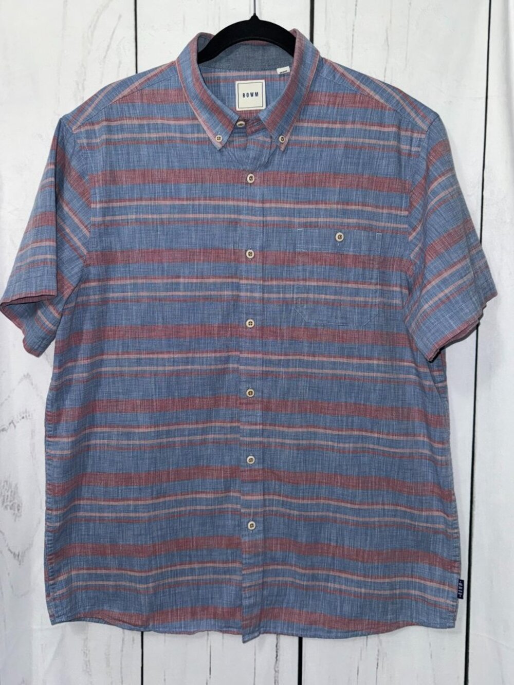 ROWM Men's Large Blue Pink Striped 100% Cotton Short Sleeve Button Down Shirt